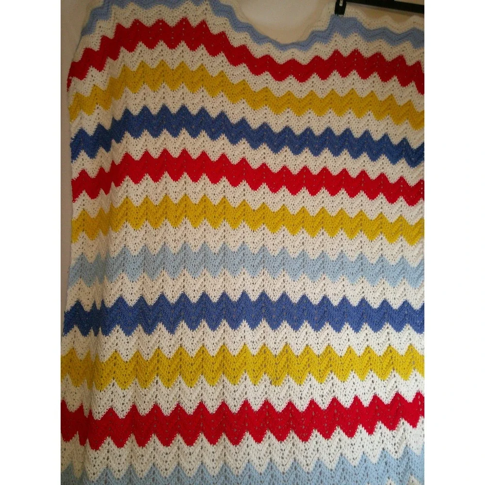 Vintage Handmade Crochet Blanket Throw Red Yellow Blue Chevron Stripe‎ 75